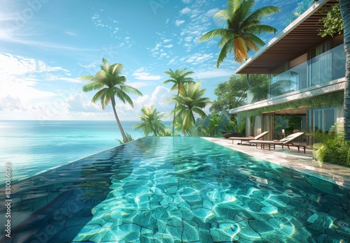 A secluded villa  palm trees swaying  an infinity pool merging with turquoise ocean. Sunlight dances  casting ethereal patterns  creating a serene oasis of luxury and tranquility.