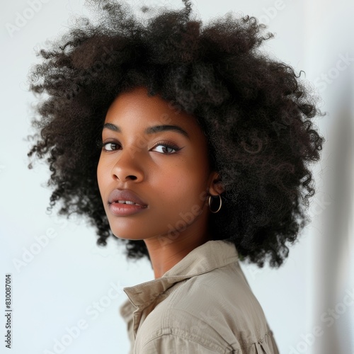 Portrait of a Beautiful Afro-Haired Woman on White Background Generative AI