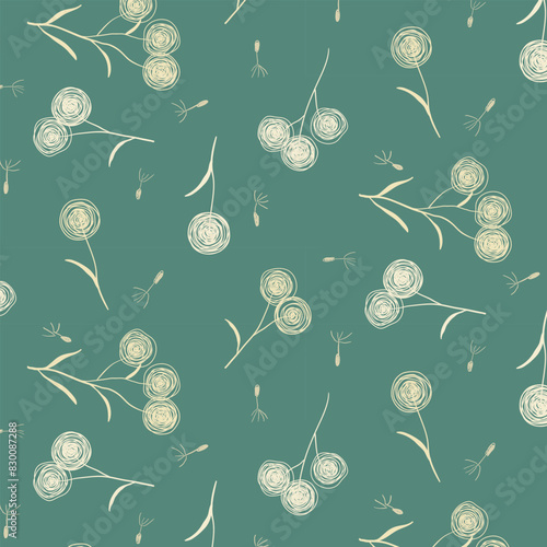 repeat pattern of sparse beige fluffy flowers on green background