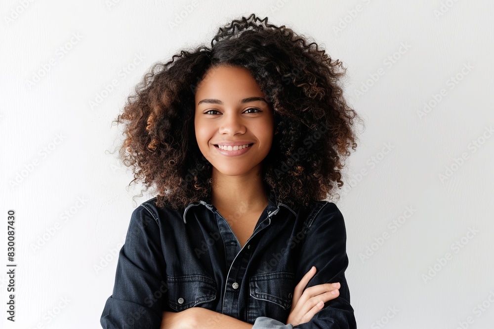 Image of a joyful young woman with arms folded, isolated on white , background blur Image of a joyful young woman with arms folded, isolated on white , background blur