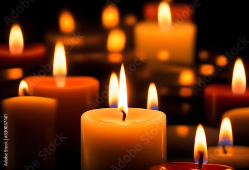 A close-up of a lit candle with a dark background