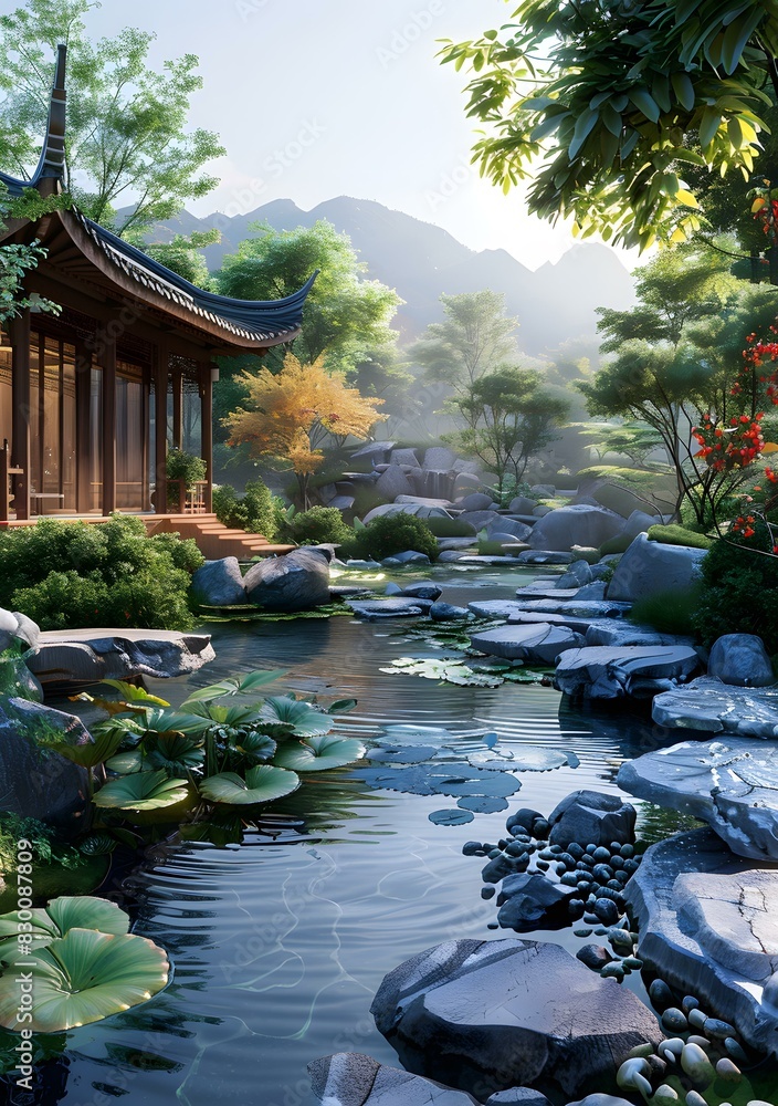 Fototapeta premium Chinese style garden with mountain and river