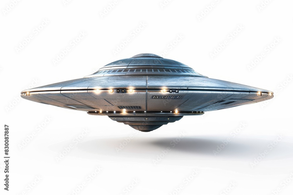 Realistic photograph of a complete UFOs,solid stark white background, focused lighting