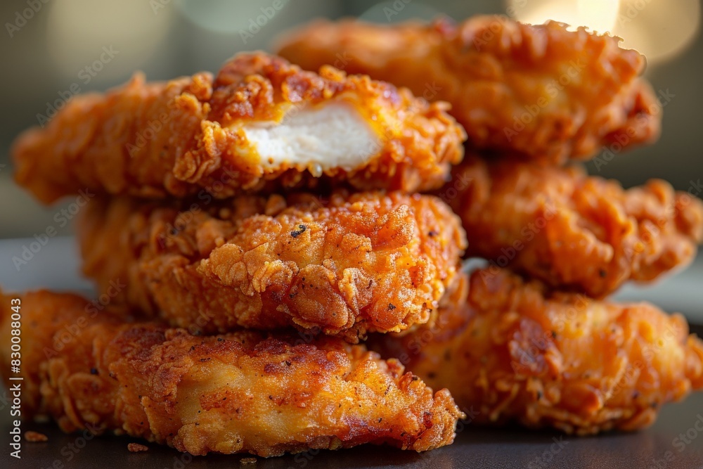 A delectable close-up of crispy fried chicken showcasing its texture and tempting appeal, perfect for food enthusiasts A delectable close-up of crispy fried chicken showcasing its texture and tempting appeal, perfect for food enthusiasts