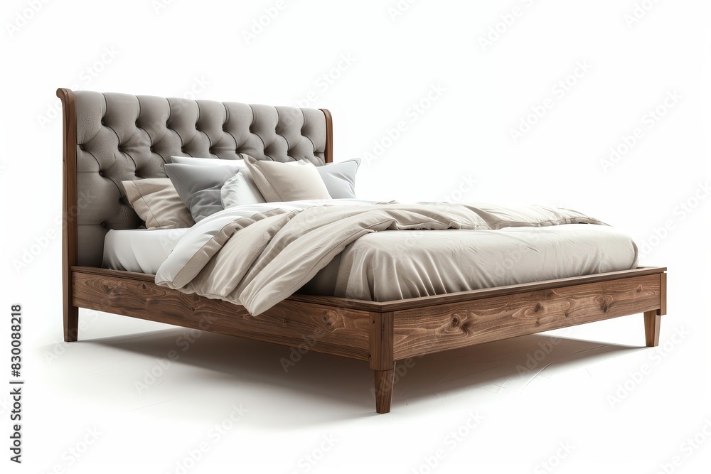 Fototapeta premium Realistic photograph of a complete Bed frames,solid stark white background, focused lighting