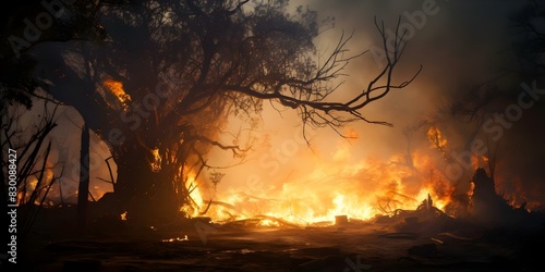 Devastation of environment due to trees and objects burned emitting toxic smoke. Concept Environmental Destruction, Burning Emissions, Toxic Smoke, Tree Loss, Pollution
