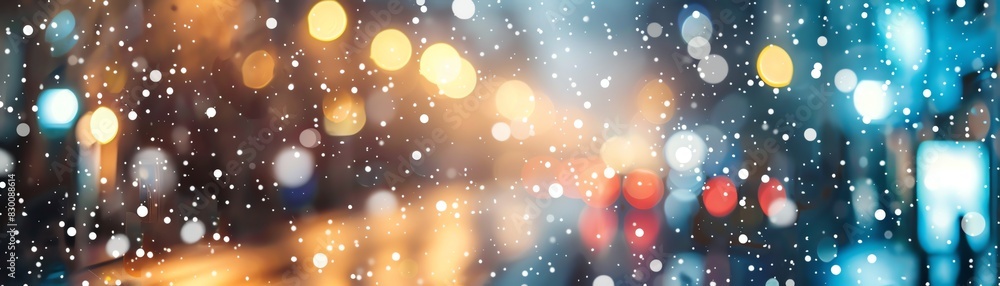 Abstract cityscape with colorful bokeh lights and snowfall, creating a festive and dreamy atmosphere in an urban setting. Abstract cityscape with colorful bokeh lights and snowfall, creating a festive and dreamy atmosphere in an urban setting.