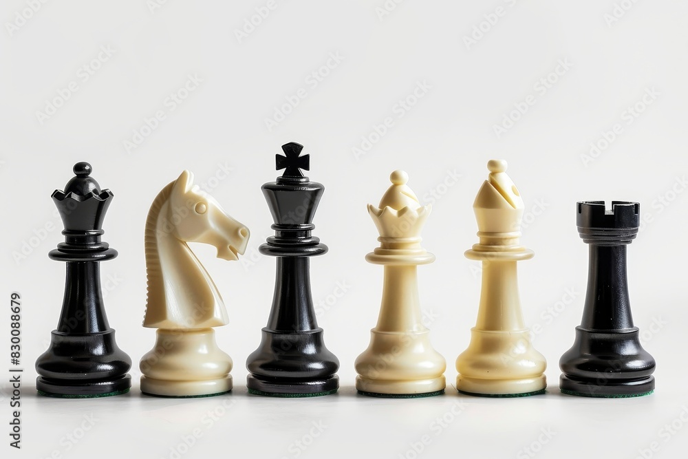 Realistic photograph of a complete Chess pieces,solid stark white background, focused lighting Realistic photograph of a complete Chess pieces,solid stark white background, focused lighting