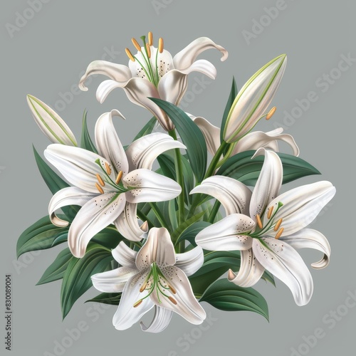 Beautiful White Lilium Flowers on Grey Background Generative AI