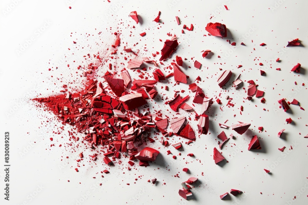 Intense burst of red chalk pieces, contrasted with a white background Intense burst of red chalk pieces, contrasted with a white background