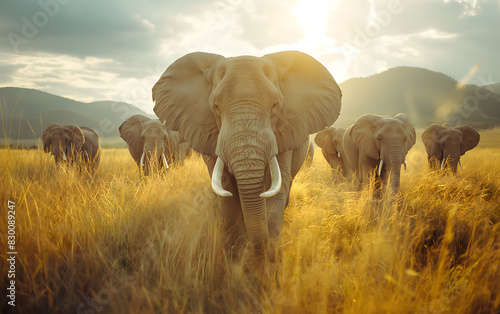 Majestic African Elephants Roaming the Golden Savannah Plains