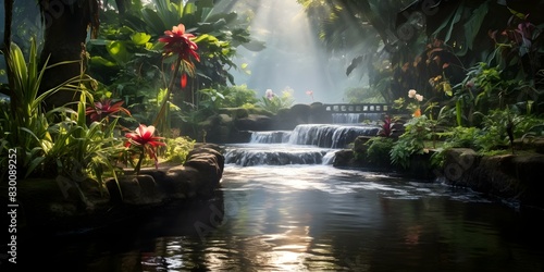 Tropical Jungle Waterfall  Palm Trees  Misty Pond  and Morning Flowers. Concept Tropical Jungle Waterfall  Palm Trees  Misty Pond  Morning Flowers