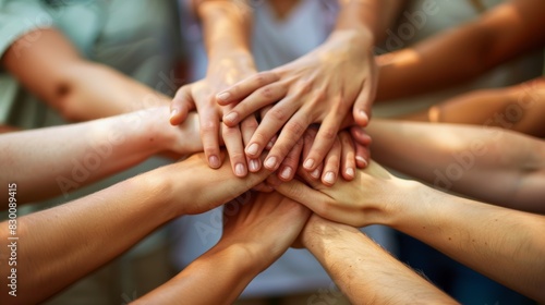 Close-up of diverse hands united in a circle showing teamwork and collaboration in a natural setting. Generative Ai