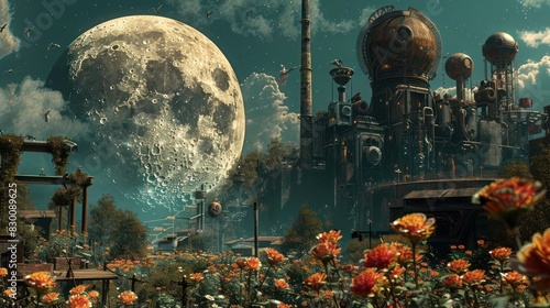 A surreal landscape features vibrant flowers in the foreground and a colossal moon behind a fantastical steampunk city skyline.
