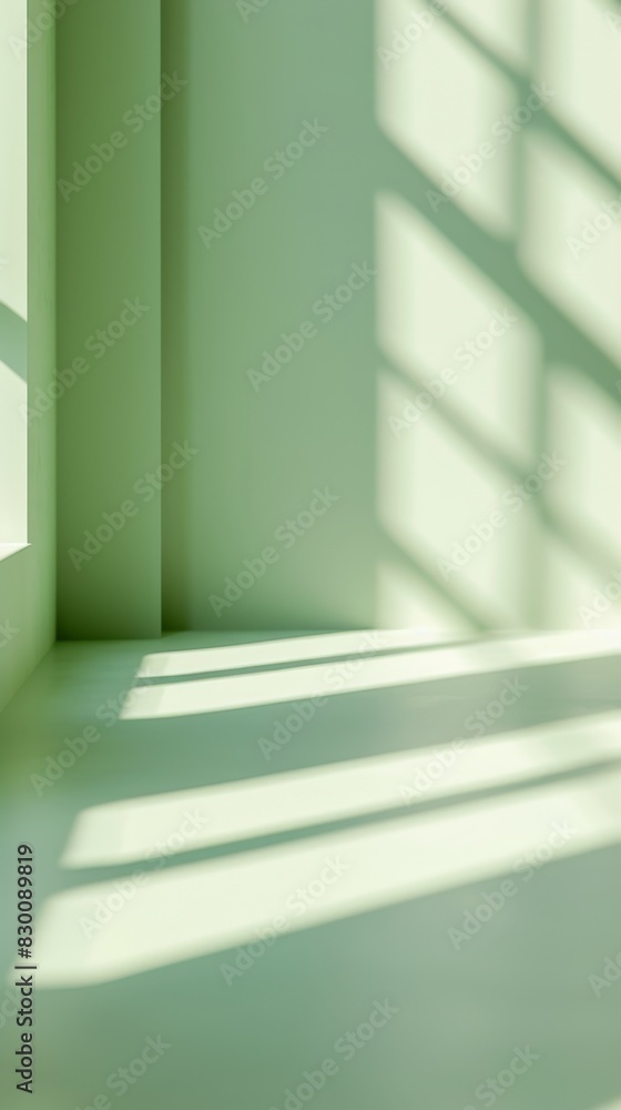 Obraz premium Soft Shadows and Warm Light Through Window on Minimalist Abstract Gray Background，Minimal abstract light gray background for product presentation. Windows on the white wall cast soft shadows and light