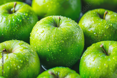 Fruit background close up green apples Semerenko with drops. Vegetarian menu, vegan pattern, vegan card, flat lay style. Healthy detox vitamin texture, vegetarian food, copy space. photo