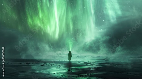 A lone figure stands in awe beneath the vibrant green Northern Lights in a surreal landscape, capturing the beauty and mystery of nature's light show. © Temsiri
