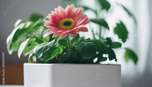 Green flower in a white pot. Close up. 