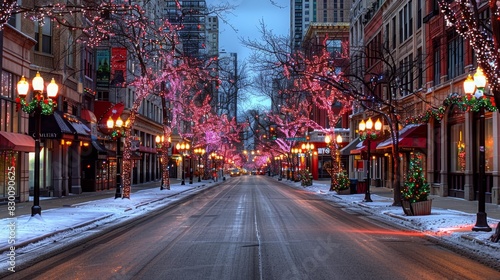 Photo of a city street adorned with colorful Christmas lights and decorations during the evening, creating a festive atmosphere.