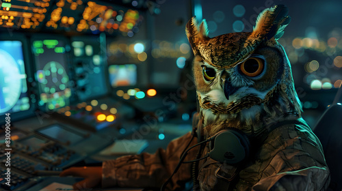 Surreal Nighttime Scene: Owl Air Traffic Controller Directing Fighter Jets and Cargo Planes at Military Airbase photo