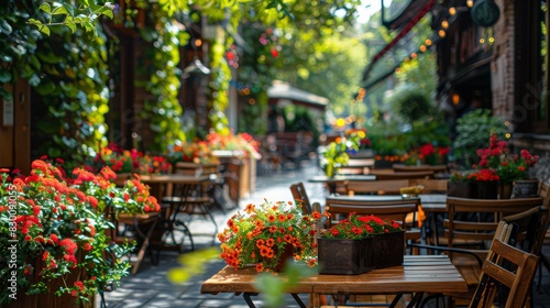 Photo of a charming outdoor café with wooden tables and chairs, surrounded by vibrant flowers and greenery, creating a cozy and inviting atmosphere. © mashimara