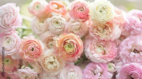 Close-up photo of delicate ranunculus flowers in soft pastel colors  set against a blurred  dreamy background.