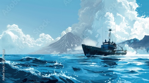 A survey ship floats in the middle of the blue sea. There are mysterious islands and volcanoes spewing smoke in the distance. © sara