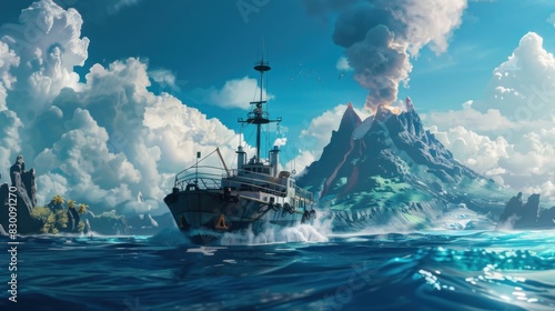 A survey ship floats in the middle of the blue sea. There are mysterious islands and volcanoes spewing smoke in the distance. photo
