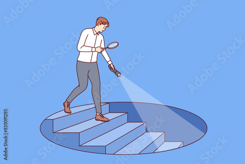 Man manager conducts in-depth analysis of business to find strategic advantages, going down stairs. Strategic analysis of risks and opportunities from analyst using flashlight and magnifying glass