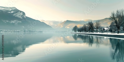 Winter sunrise over Lake Annecy in Haute-Savoie with French Alps in the background. Concept Landscape Photography, Winter Sunrise, Lake Annecy, French Alps, Haute-Savoie