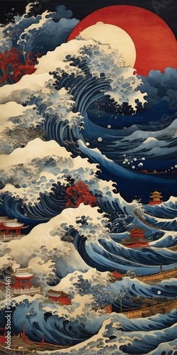 illustration of sea waves in ancient Japanese style © Feikura
