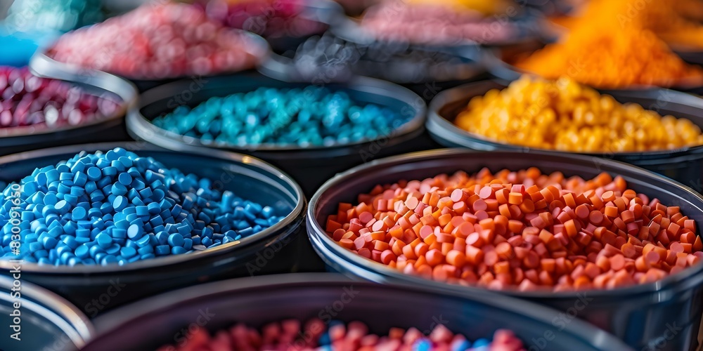 Promoting reuse and separate waste collection in plastic manufacturing through colorful plastic pellets for recycling. Concept Plastic Recycling, Waste Management, Resource Conservation Promoting reuse and separate waste collection in plastic manufacturing through colorful plastic pellets for recycling. Concept Plastic Recycling, Waste Management, Resource Conservation