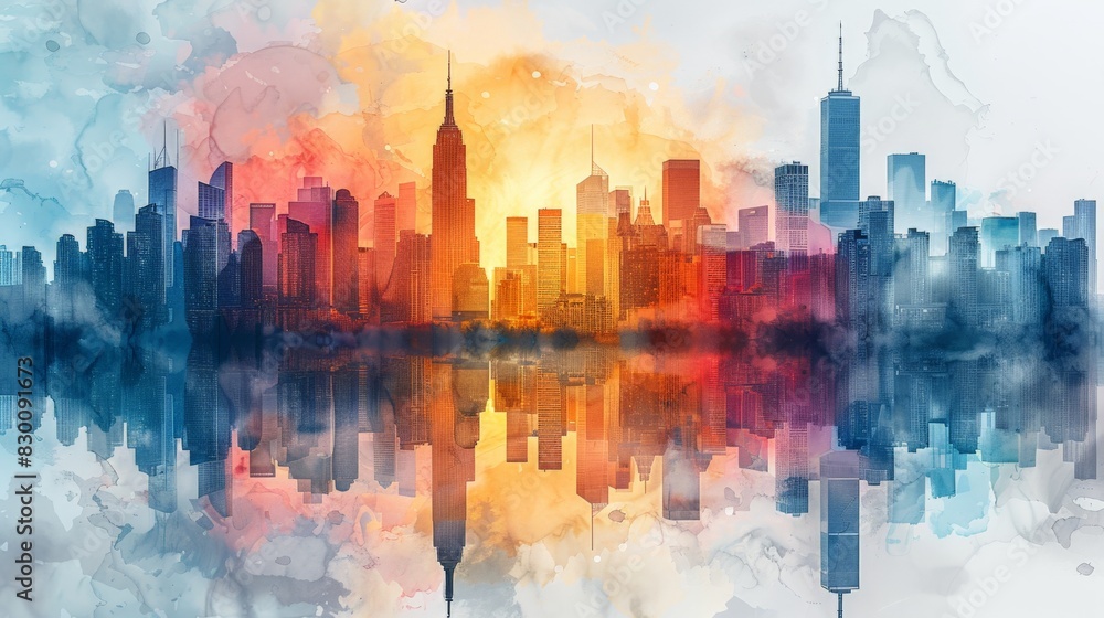 Skyline Symphony: Reflective Hues on a White Canvas