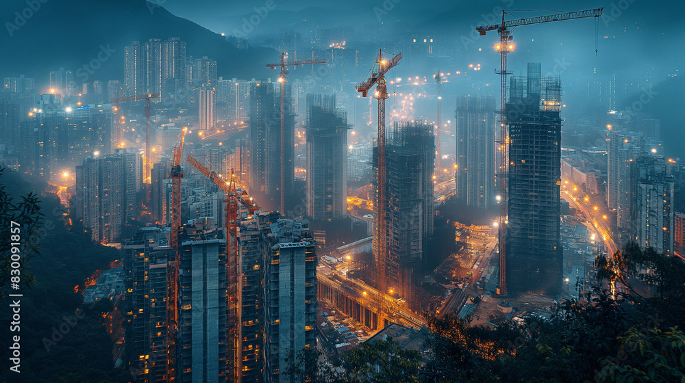 Fototapeta premium A city skyline with tall buildings and a bridge in the background