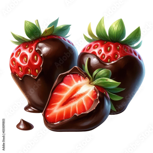 Three chocolate covered strawberries with a half strawberry on the right