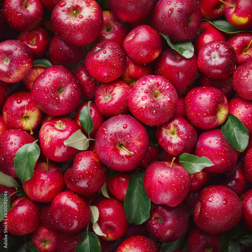 Fruit background top view red apples with leaves. Vegetarian menu, vegan pattern, vegan card, flat lay style. Healthy detox vitamin texture, vegetarian food close up, copy space. Fruit background top view red apples with leaves. Vegetarian menu, vegan pattern, vegan card, flat lay style. Healthy detox vitamin texture, vegetarian food close up, copy space.
