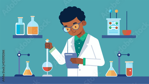 A student in a lab coat carefully measures out precise amounts of chemicals following the lab manual instructions to create a perfectly balanced chemical solution.. Vector illustration