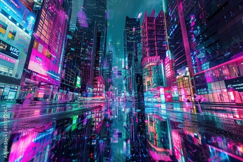 Wallpaper Mural Rain-slicked cyberpunk cityscape at night, neon lights of skyscrapers shimmering on wet pavement, creating a mesmerizing reflection. Torontodigital.ca