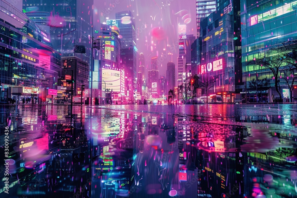 Bustling cyberpunk night scene: neon signs illuminate towering buildings, raindrops dance on the pavement, capturing the essence of a futuristic metropolis.