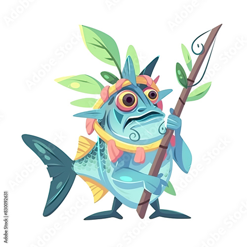 An illustration of a fishman holding a staff, with an aqua-colored body