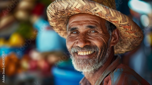 Southeast Asian old man wearing leaf weaving hat smiling , rural countryside local market stall shop atmosphere, 