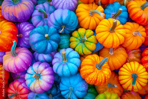 Vegetable background top view colorful pumpkins. Vegetarian, vegan restaurant menu, vegan banner, halloween background. Healthy autumn harvest texture, vegetarian food close up, copy space.