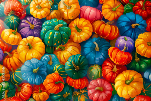 Vegetable illustration top view colorful pumpkins. Vegetarian, vegan restaurant menu, vegan banner, halloween background. Healthy autumn harvest texture, vegetarian food close up, copy space.