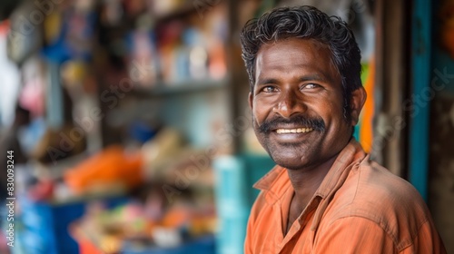  Asian Indian old man fruit seller smiling , rural countryside local market stall shop atmosphere, 