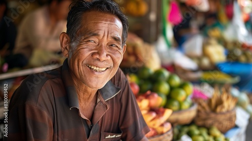 Southeast Asian old man fruit seller smiling , rural countryside local market stall shop atmosphere, 