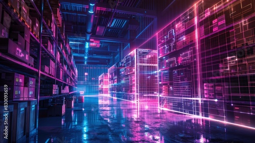 Futuristic data center with vibrant red laser grids portrays the high-tech infrastructure of modern computing. Generative Ai
