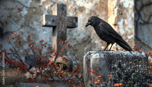 Crow on Cemetery Beside Coffin and Skull  Halloween Horror Scene photo