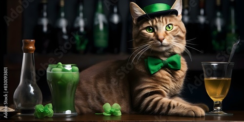 Tabby Cat Bartending in a Green Hat on St Patrick's Day. Concept St Patrick's Day, Tabby Cat, Bartending, Green Hat, Funny Pose © Ян Заболотний