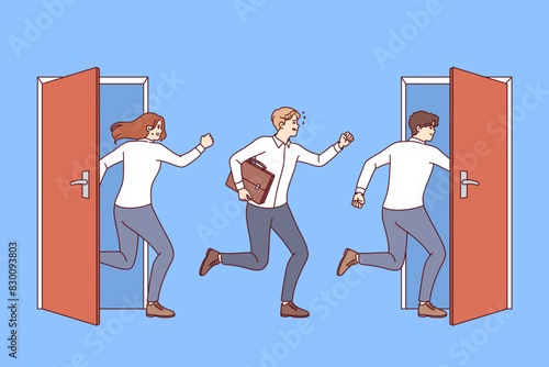 Mass layoffs of people have led to emergence of unemployed men and women running between doors in search of vacancies. Angry unemployed clerks need new job with good salary and insurance