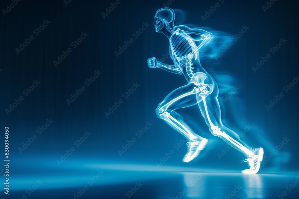 Man running with a visible skeleton x-ray, showcasing orthopedic tech
